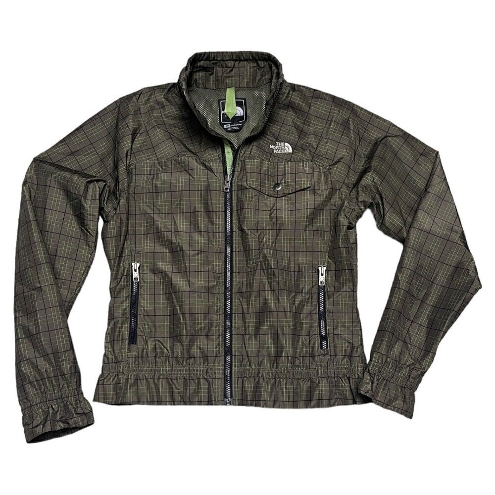 The North Face Nylon Windbreaker Jacket Check Print Zipper Green - Size Small